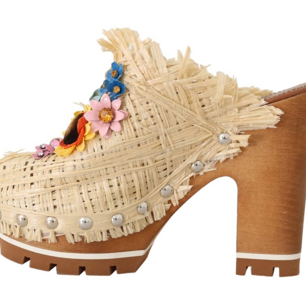 Dolce & Gabbana Beige Raffia Mules Floral Slides